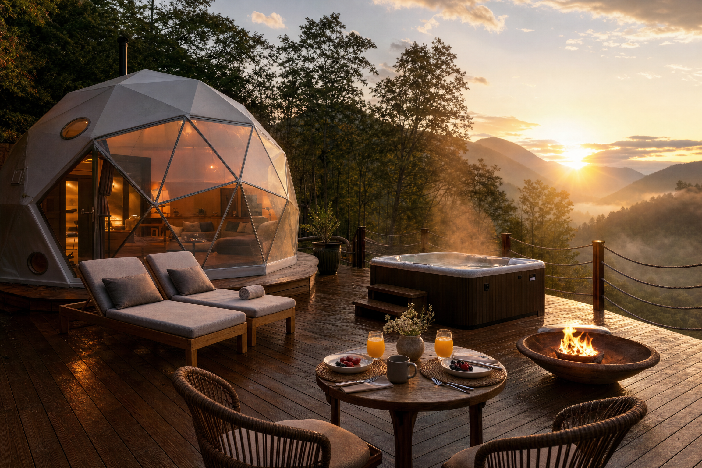 Private dome deck with hot tub at sunrise