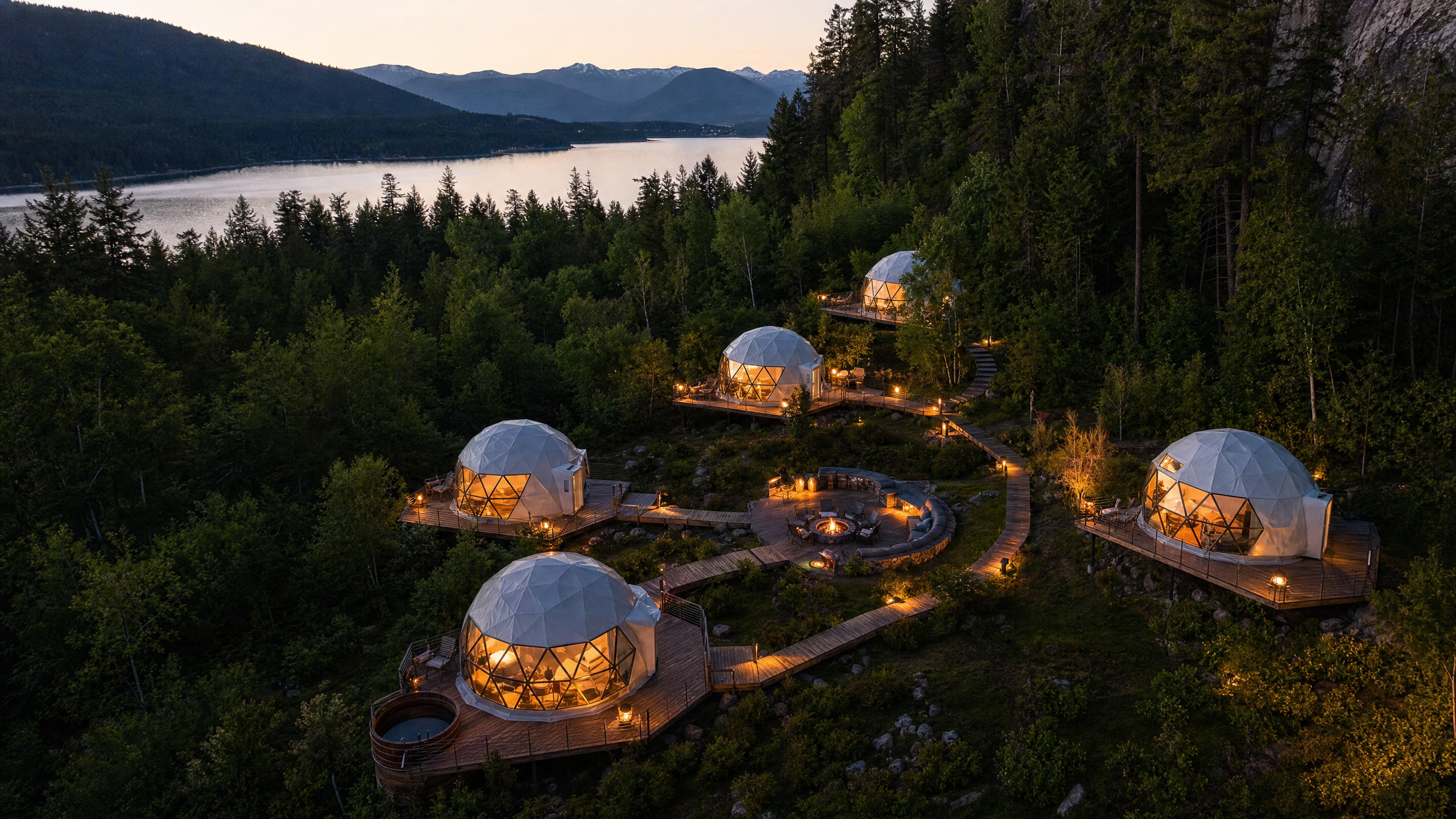 Aerial view of 5 glamping domes resort